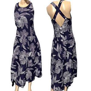 Lang Originals Vintage Navy White Midi Dress Drop Waist Cross Back Size 12